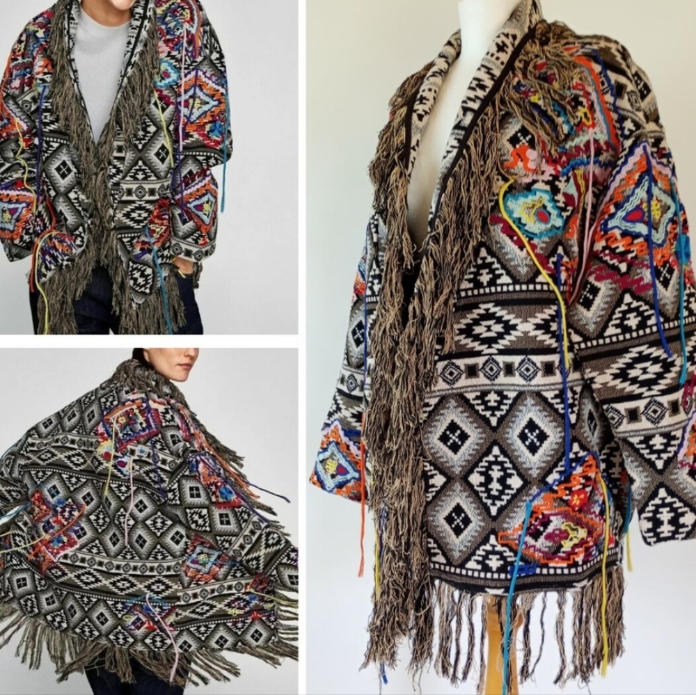 Zara Multicolor Patterned Fringe Jacket